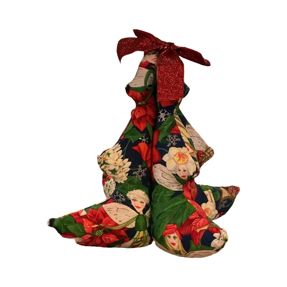 Vintage Handmade Fabric Christmas Tree Angel Poinsettia Print 8in Plush Decor